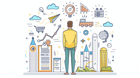 Startup online shopping company milestones infographics. Businessman looking to the future. Modern illustration in linear styleの素材