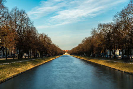 Long exposure from a bridge in Nymphenburg at sunsetの写真素材
