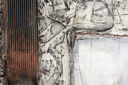 Abstract art acrylic painting on canvas. Painting fragment, three dimensional embossing, unique art technique with modeling paste. Imitation of dirty surface. Highly textured artwork.の写真素材
