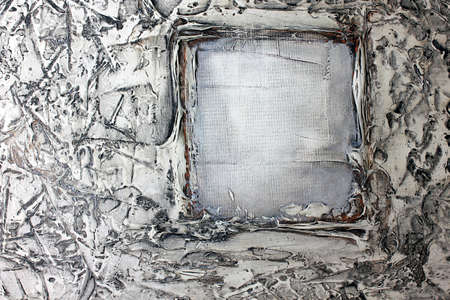 Abstract art acrylic painting on canvas. Painting fragment, three dimensional embossing, unique art technique with modeling paste. Imitation of dirty surface. Highly textured artwork.の写真素材