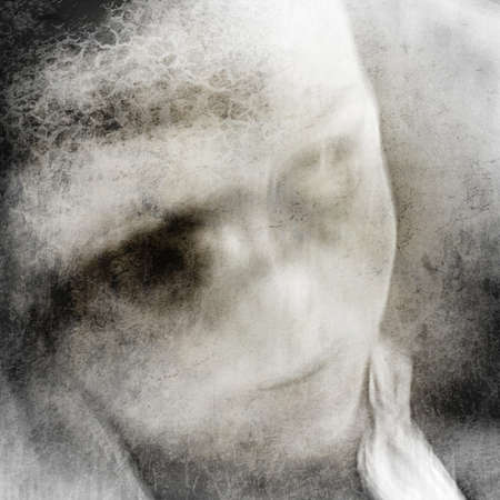 Woman with big eyes. Surreal portrait.の写真素材
