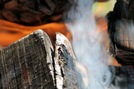 Burning firewood in the bonfire. Flames burning in the grill with smoke. Texture of fire and flame,...