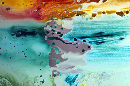 Abstract hand drawn watercolor background, stain watercolors colors between wet glasses. Used macro lens.の写真素材