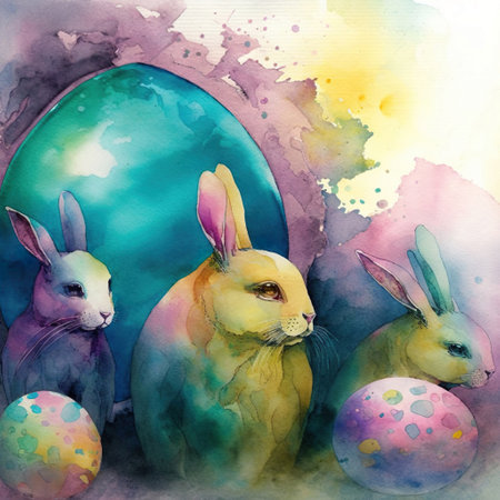 Cute watercolor Easter bunnies sits near eggs. Generative AIの素材