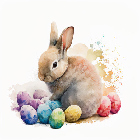 Cute watercolor Easter bunny sits near eggs. Generative AIの素材