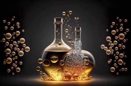 Perfumery production laboratory. perfume bottles. Liquid essence oil with a molecule. Generative AI.の素材