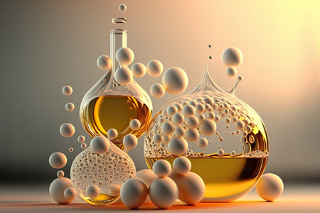 Perfumery production laboratory. perfume bottles. Liquid essence oil with a molecule. Generative AI.の素材