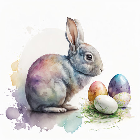 Cute watercolor Easter bunny sits near eggs. Generative AIの素材
