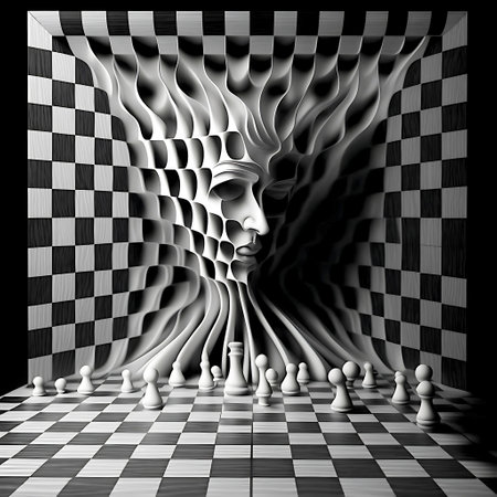Modern stylized chess with chess figures and surreal face. decorative designs. hobby concept. Generative AI.の素材