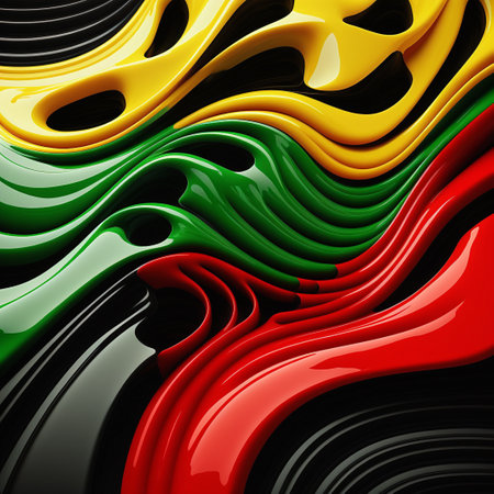 Abstract Black History Month background. Various geometric waves of red yellow green color. Generative AI.の素材