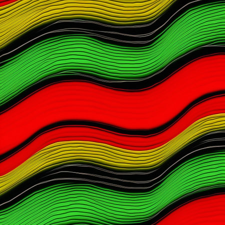 Abstract Black History Month background. Various geometric waves of red yellow green color. Generative AI.の素材