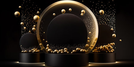 Podium for product presentation with golden floating balls in black background. Empty space for goods. Generative AIの素材