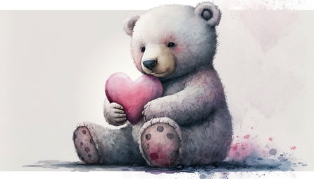 Cute teddy bear holding a pink heart for a valentines card or birthday card. Watercolor. Generative AIの素材