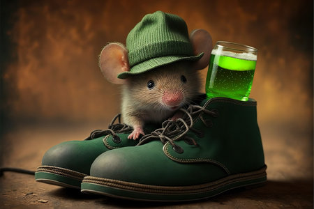 Cute mouse with green Patrick's day hat on blurred colored background. Generative AIの素材