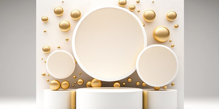 Podium for product presentation with floating golden balls in the gray background. Empty space for goods. Generative AIの素材