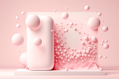 Podium for product presentation with floating pink balls in the pink background. Empty space for goods. Generative AIの素材