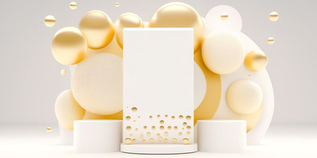 Podium for product presentation with floating golden balls in white background. Empty space for goods. Generative AIの素材
