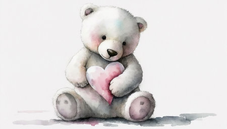 Cute teddy bear holding a pink heart for a valentines card or birthday card. Watercolor. Generative AIの素材