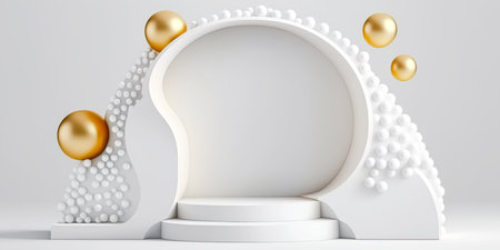 Podium for product presentation with floating golden balls in white background. Empty space for goods. Generative AIの素材