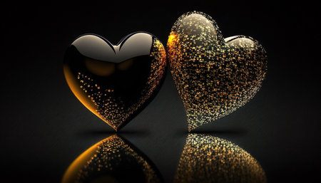 Golden glittering heart on black background. Valentine's day concept. Generative AIの素材