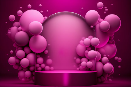 Podium for product presentation with floating balls in viva magenta color background. Empty space for goods. Generative AIの素材