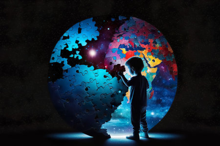 World Autism Awareness Day. A little boy stands in front of a globe and sees the world in his own way. The concept of child autism. Generative AIの素材