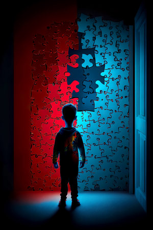 World autism awareness day. Little boy standing before the wall made from jigsaw puzzle pieces. child autism concept. Generative AIの素材