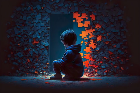 World autism awareness day. Little boy sitting before the wall made from jigsaw puzzle pieces. child autism concept. Generative AIの素材