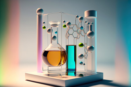 Perfumery production laboratory. perfume bottles. Liquid essence oil with a molecule. Generative AI.の素材