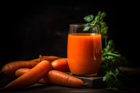 Fresh carrot juice with fresh carrots on a wooden table, dark background. Generative AIの素材