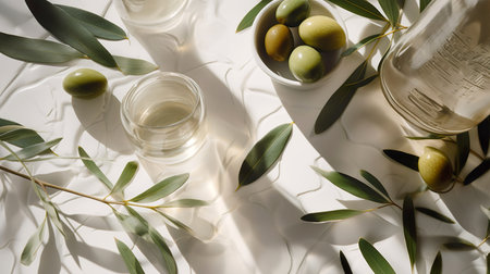 Olive oil in small jar with olives and branch of olive tree with soft shadow. flat lay. Generative AI.の素材