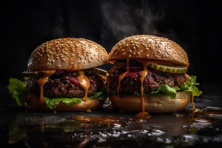 Two hamburgers on wooden table, isolated on black background. Generative AIの素材