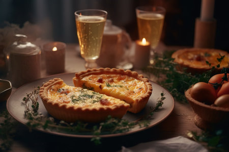 Festive Quiche (pie) with ham, tomatoes, spinach and soft cheese on a wooden background with a glass of wine. Generative AIの素材