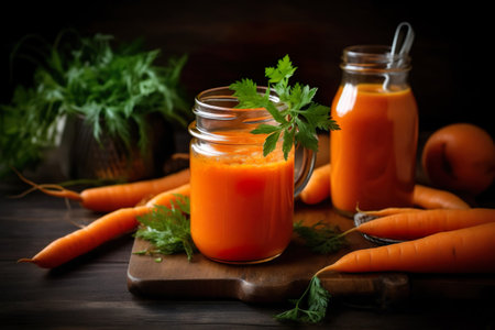 Fresh carrot juice with fresh carrots on a wooden table, dark background. Generative AIの素材