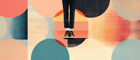 Conceptual contemporary art collage. Male legs stacking round on pastel geometric background. Free space for your text. Generative AIの素材