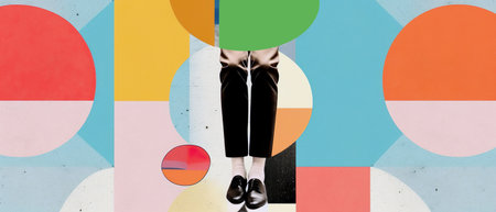 Conceptual contemporary art collage. Male legs stacking round on pastel geometric background. Free space for your text. Generative AIの素材