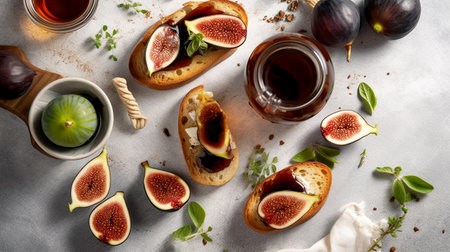 Bruschetta with figs and cheese on light table. Cuisine of Italian. flat lay. Banner. Generative AIの素材