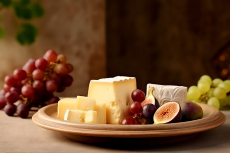 Cheese plate with soft cheese of brie and camembert served with grapes and figs. Italian and French cheeses. Generative AIの素材