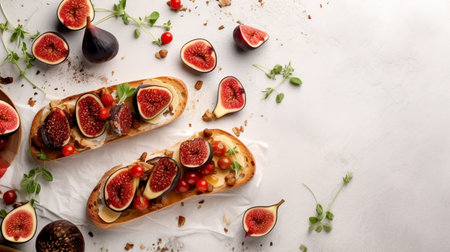 Bruschetta with figs and cheese on light table. Cuisine of Italian. flat lay. Banner. Generative AIの素材