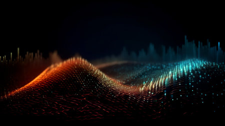 Abstract dot point connect with gradient line and aesthetic intricate wave line design. Big data connection technology concept. Generative AIの素材