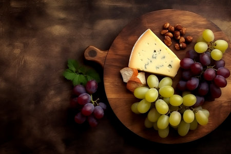 Set of hard cheese pieces on board with hard cheese, grapes and nuts on rustic wooden background. top view. Free space for text. Banner. Generative AIの素材