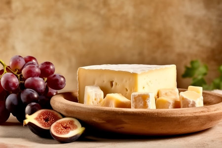Cheese plate with soft cheese of brie and camembert served with grapes and figs. Italian and French cheeses. Generative AIの素材