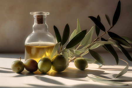 Olive oil in small bottle with olives and branch of olive tree with soft shadow. Generative AI.の素材