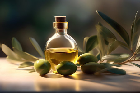 Olive oil in small bottle with olives and branch of olive tree with soft shadow. Generative AI.の素材