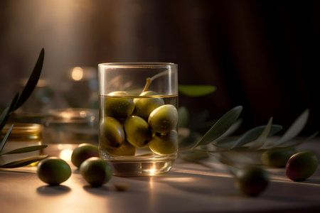 Olive oil in small glass with olives and branch of olive tree with soft shadow. Generative AI.の素材
