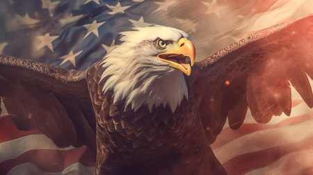 American Bald Eagle with flag. United States of America patriotic symbols. Generative AIの素材
