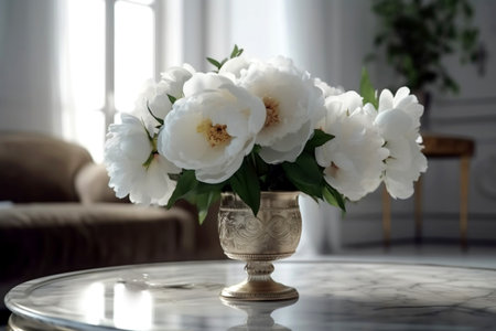 A beautiful bouquet of white peonies in a vase. living room decoration. Generated AIの素材