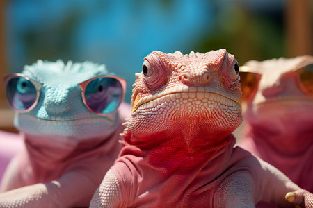 Stylish portrait of three chameleons on a beach longue. Summer vacation concept. Generative AI.の素材