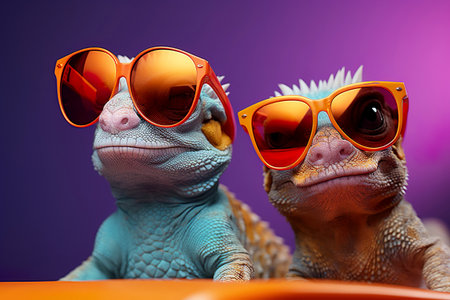 Stylish portrait of two chameleons wearing sunglasses. Bright gradient background. Generative AI.の素材