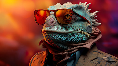 Stylish portrait of dressed up chameleon wearing sunglasses and suit. Bright gradient background. Copy space for text. Generative AI.の素材